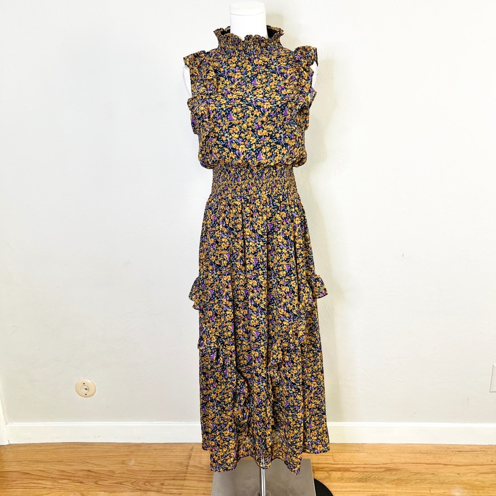 Lulus Midi Dress Floral Ruffle Mock Neck Size Medium Smocked Waist Evalina